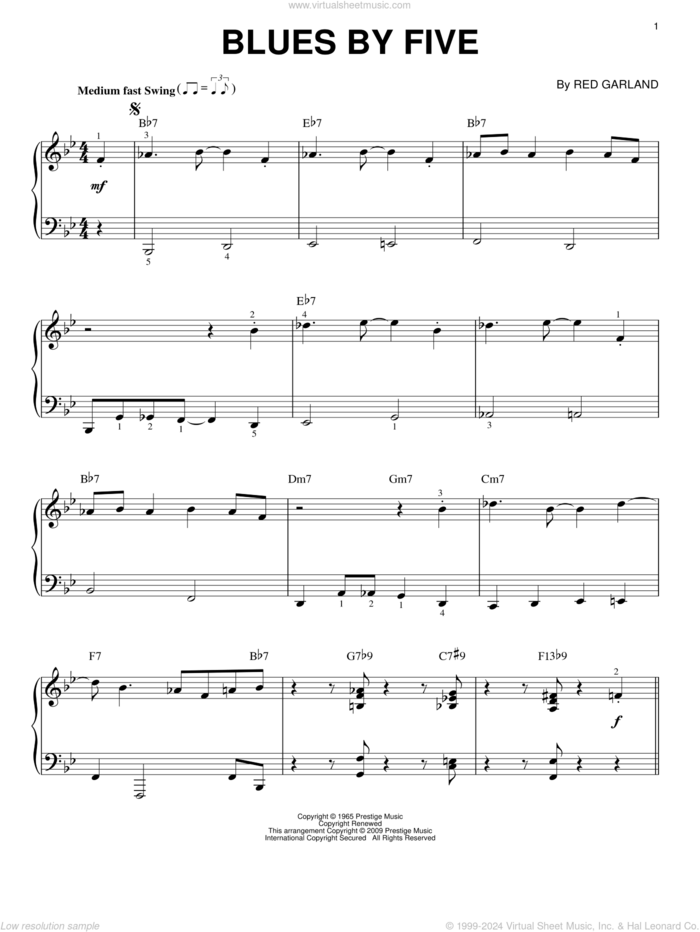 Blues By Five sheet music for piano solo by Miles Davis and Red Garland, intermediate skill level