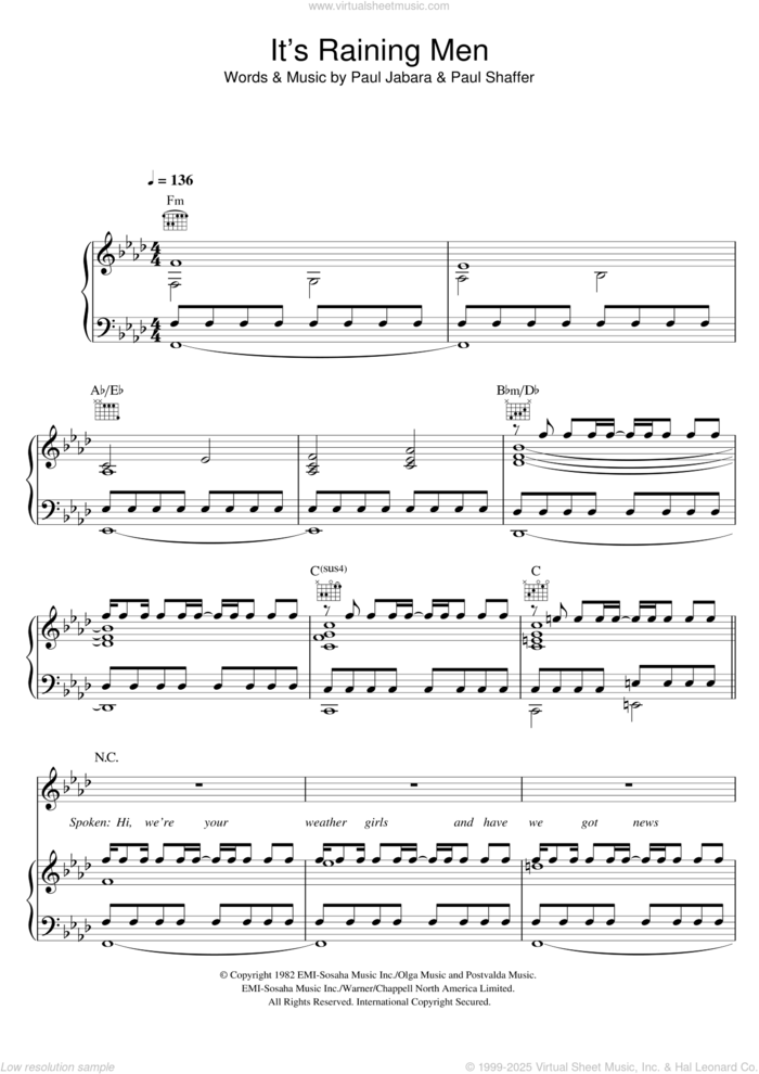 It's Raining Men sheet music for voice, piano or guitar by Geri Halliwell, The Weather Girls, Paul Jabara and Paul Shaffer, intermediate skill level