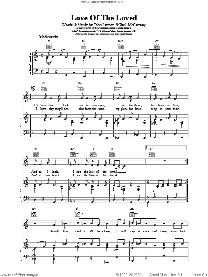 Love Of The Loved sheet music for voice, piano or guitar by The Beatles, intermediate skill level