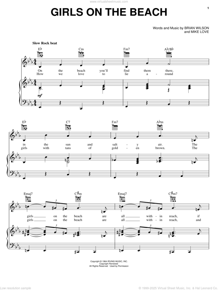 Girls On The Beach sheet music for voice, piano or guitar by The Beach Boys, Brian Wilson and Mike Love, intermediate skill level