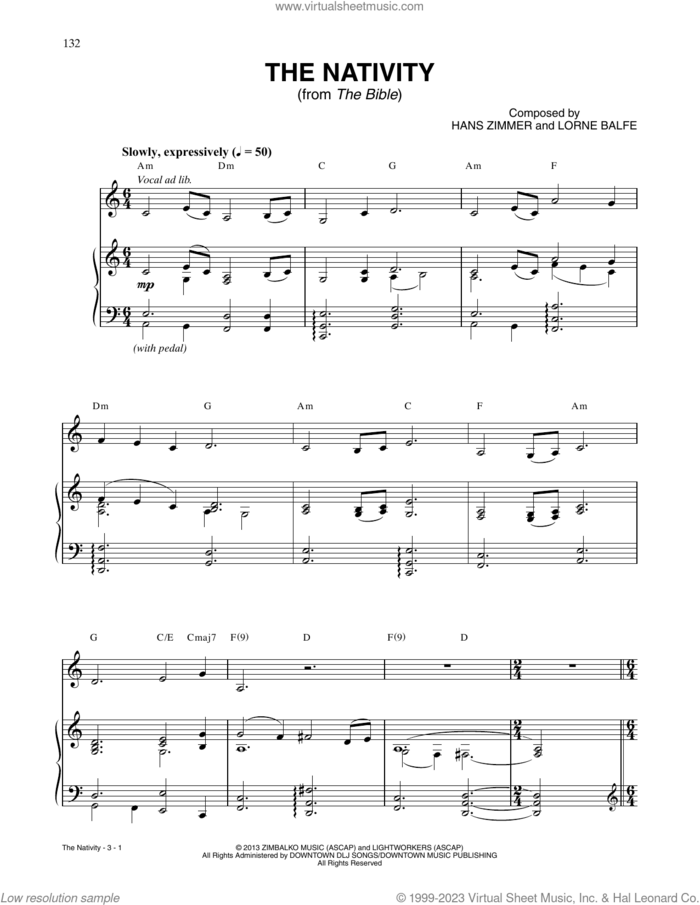 The Nativity (from The Bible) sheet music for piano solo by Hans Zimmer and Lorne Balfe, intermediate skill level