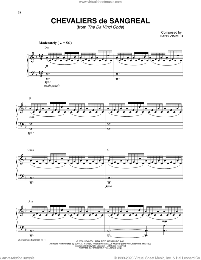 Chevalier De Sangreal (from The Da Vinci Code) sheet music for piano solo by Hans Zimmer, intermediate skill level