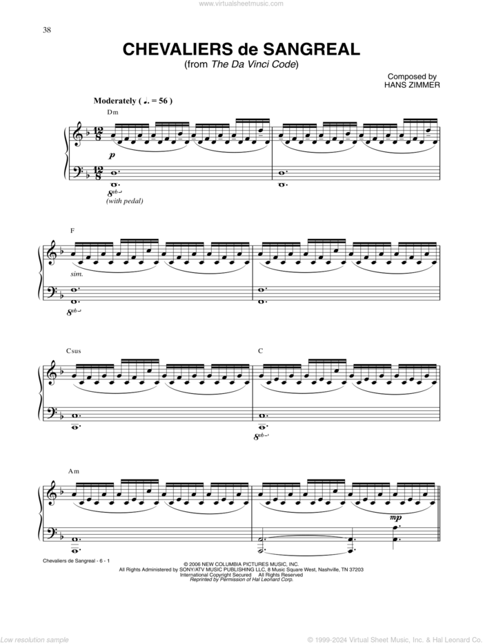 Chevalier De Sangreal (from The Da Vinci Code) sheet music for piano solo by Hans Zimmer, intermediate skill level