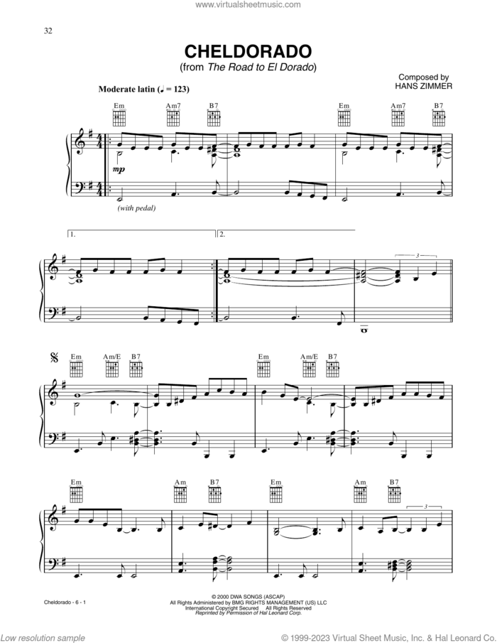 Cheldorado (from The Road To El Dorado) sheet music for piano solo by Hans Zimmer, intermediate skill level