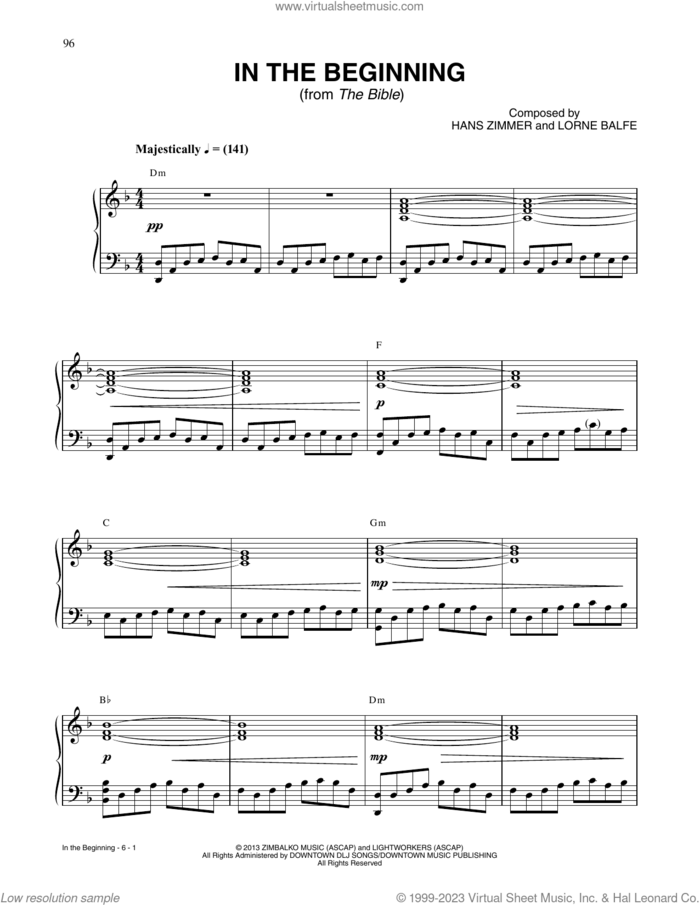 In The Beginning (from The Bible) sheet music for piano solo by Hans Zimmer and Lorne Balfe, intermediate skill level