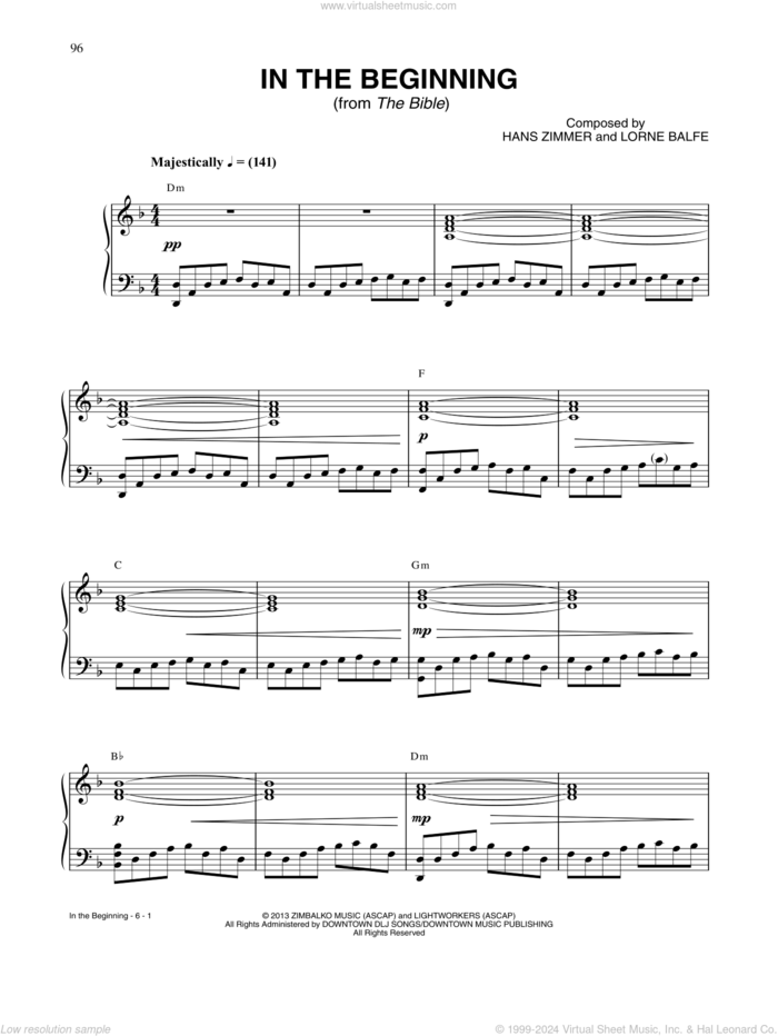 In The Beginning (from The Bible) sheet music for piano solo by Hans Zimmer and Lorne Balfe, intermediate skill level