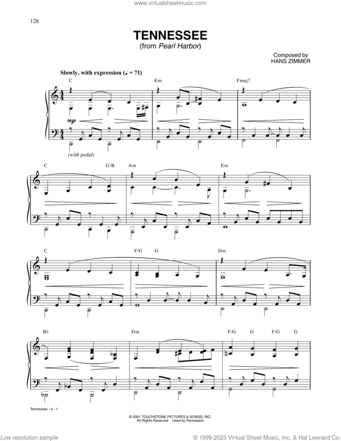 Tennessee (from Pearl Harbor) sheet music for piano solo by Hans Zimmer, intermediate skill level