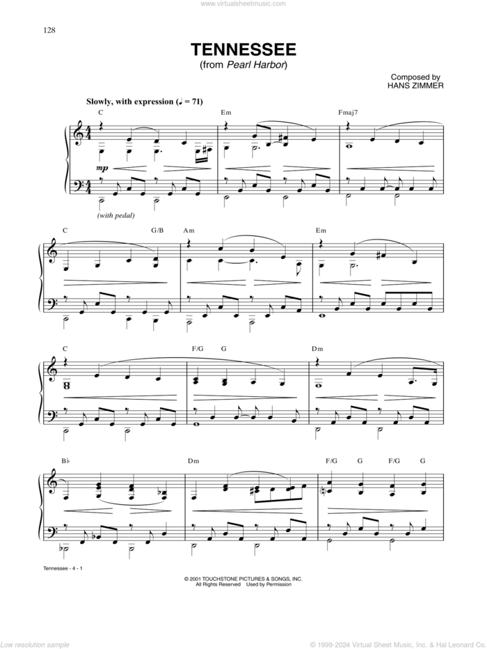 Tennessee (from Pearl Harbor) sheet music for piano solo by Hans Zimmer, intermediate skill level