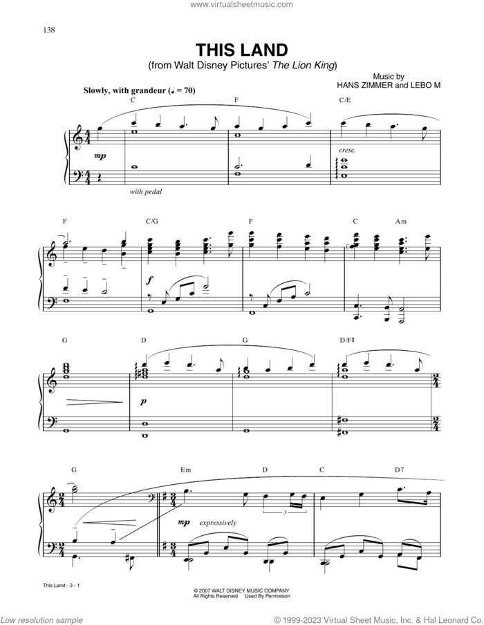 This Land (from The Lion King) sheet music for piano solo by Hans Zimmer, intermediate skill level