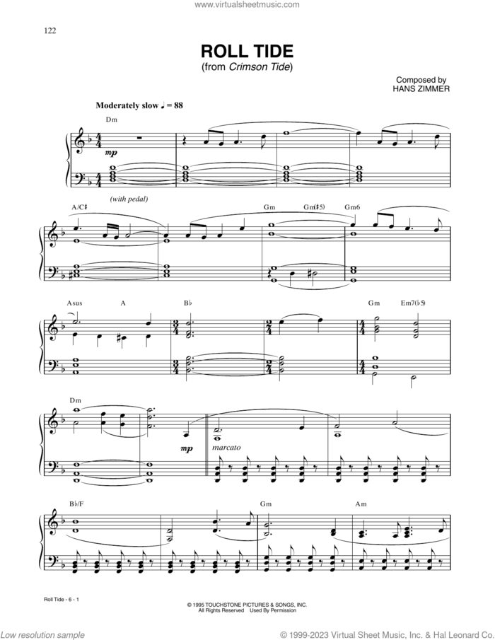 Roll Tide (from Crimson Tide) sheet music for piano solo by Hans Zimmer, intermediate skill level