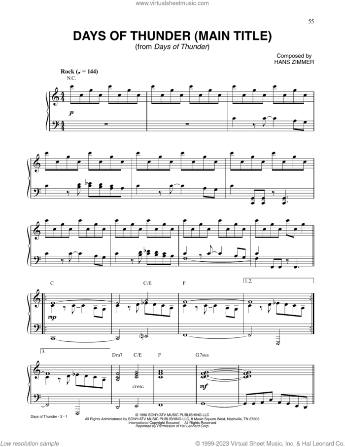 Days Of Thunder (Main Title) sheet music for piano solo by Hans Zimmer, intermediate skill level