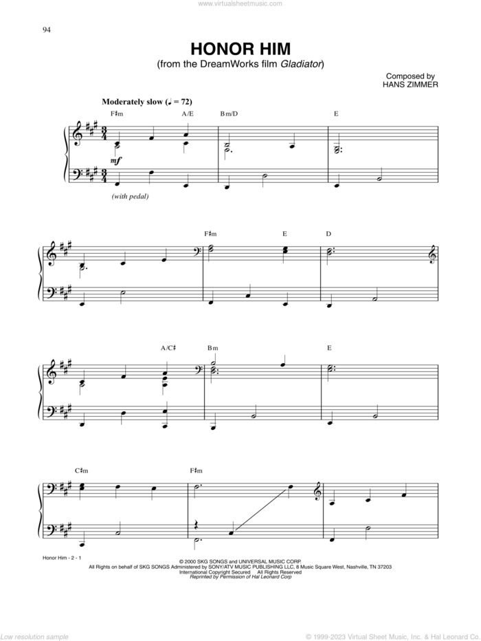 Honor Him (from Gladiator) sheet music for piano solo by Hans Zimmer, intermediate skill level