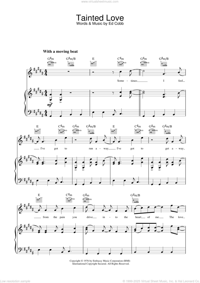 Tainted Love sheet music for voice, piano or guitar by Soft Cell, Marc Almond and Ed Cobb, intermediate skill level