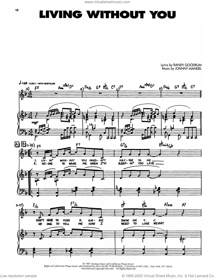 Living Without You sheet music for voice, piano or guitar by Johnny Mandel and Randy Goodrum, intermediate skill level