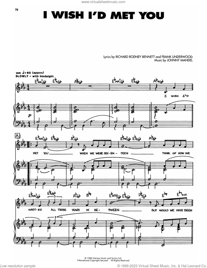 I Wish I'd Met You sheet music for voice, piano or guitar by Johnny Mandel, Lena Horne, Frank Underwood and Richard Bennett, intermediate skill level