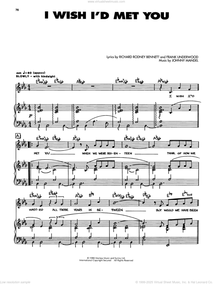 I Wish I'd Met You sheet music for voice, piano or guitar by Johnny Mandel, Lena Horne, Frank Underwood and Richard Bennett, intermediate skill level