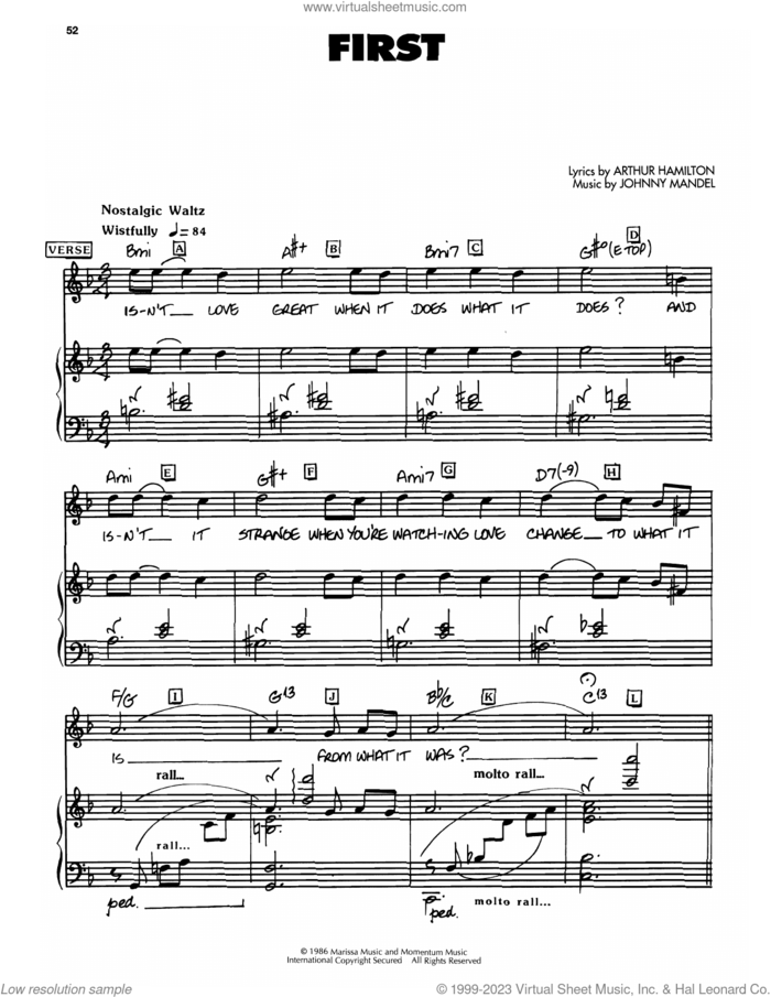 First sheet music for voice, piano or guitar by Johnny Mandel and Arthur Hamilton, intermediate skill level
