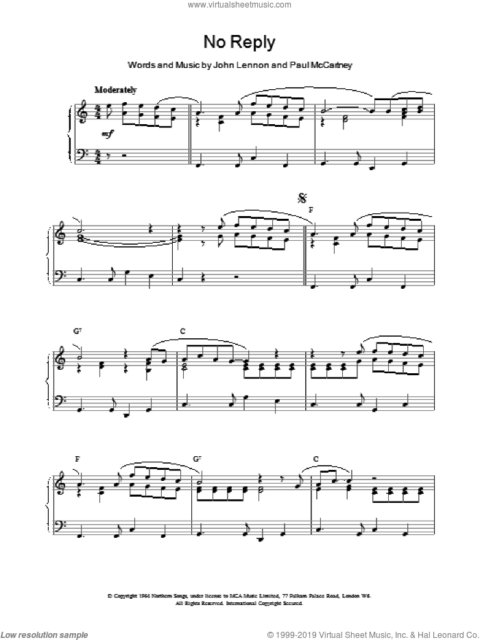 No Reply sheet music for piano solo by The Beatles, intermediate skill level