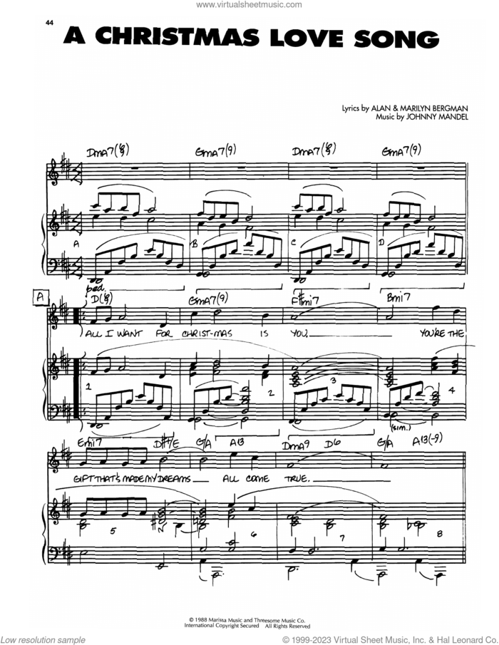 A Christmas Love Song sheet music for voice, piano or guitar by Johnny Mandel, Barbra Streisand, Alan Bergman and Marilyn Bergman, intermediate skill level