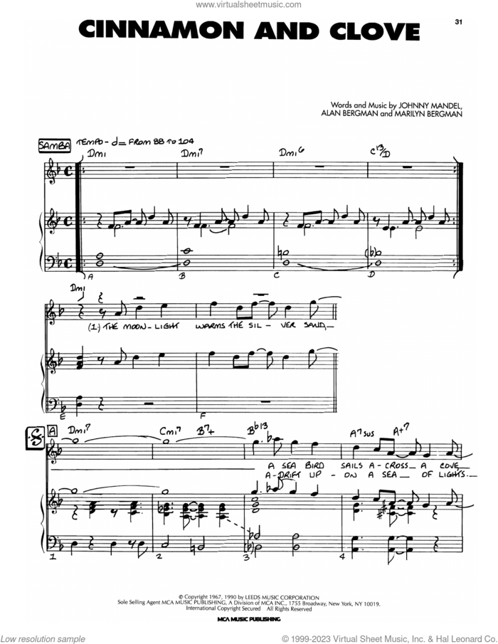 Cinnamon And Clove sheet music for voice, piano or guitar by Johnny Mandel, Alan Bergman, John Mandel and Marilyn Bergman, intermediate skill level