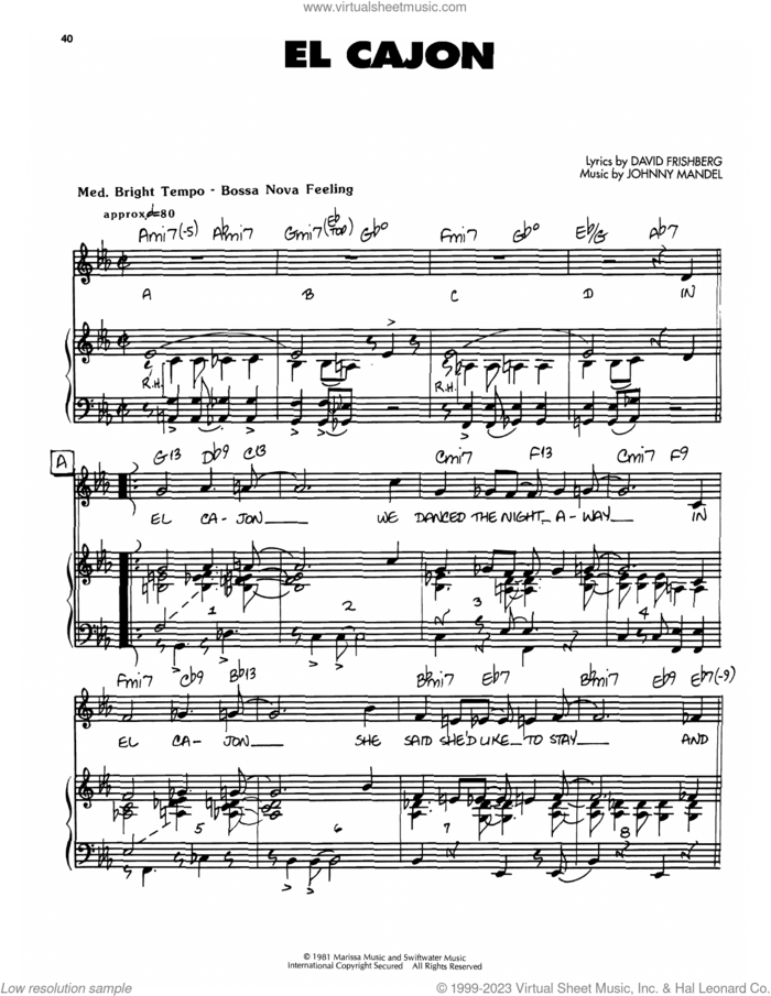 El Cajon sheet music for voice, piano or guitar by Johnny Mandel and David Frishberg, intermediate skill level