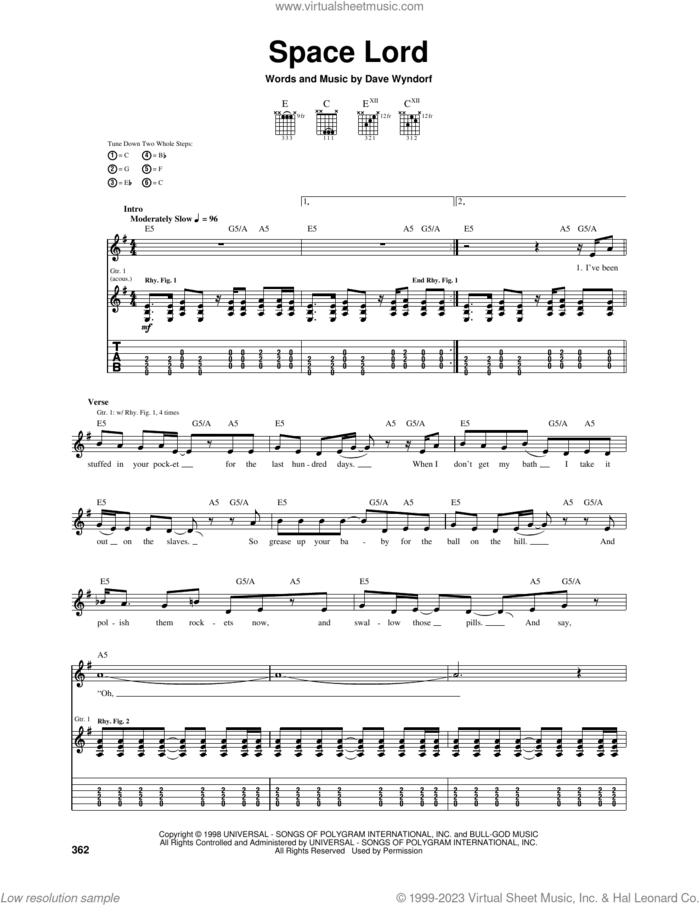Space Lord sheet music for guitar (tablature) by Monster Magnet and Dave Wyndorf, intermediate skill level