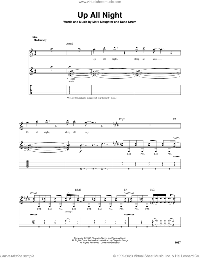 Up All Night sheet music for guitar (tablature) by Slaughter, Dana Strum and Mark Slaughter, intermediate skill level