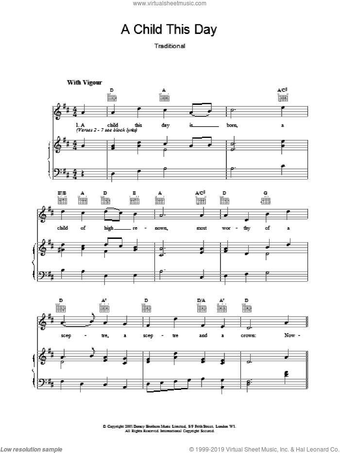 A Child This Day sheet music for voice, piano or guitar, intermediate skill level