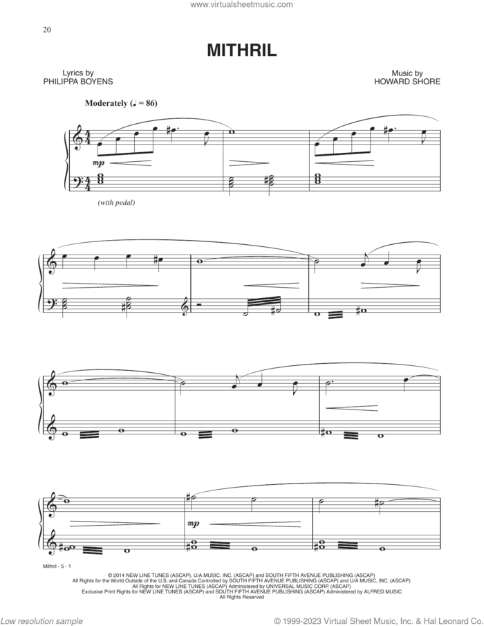 Mithril (from The Hobbit: The Battle of the Five Armies) sheet music for voice and piano by Howard Shore and Philippa Jane Boyens, intermediate skill level