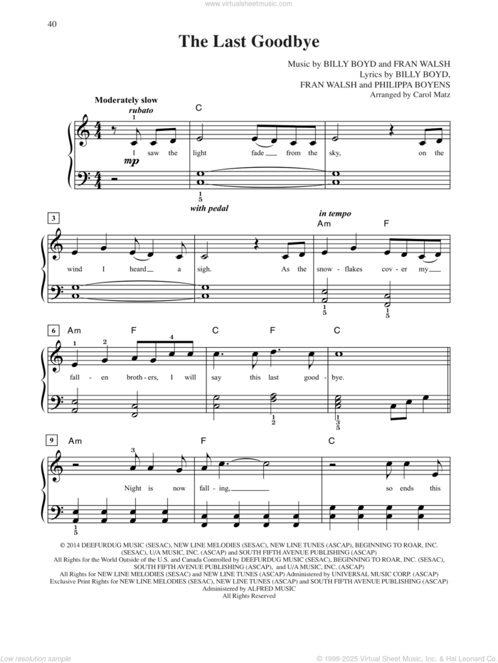 The Last Goodbye (from The Hobbit: The Battle of the Five Armies) (arr. Carol Matz) sheet music for piano solo (big note book) by Billy Boyd, Carol Matz, Frances Walsh, Howard Shore, Philippa Jane Boyens and William Boyd, easy piano (big note book)