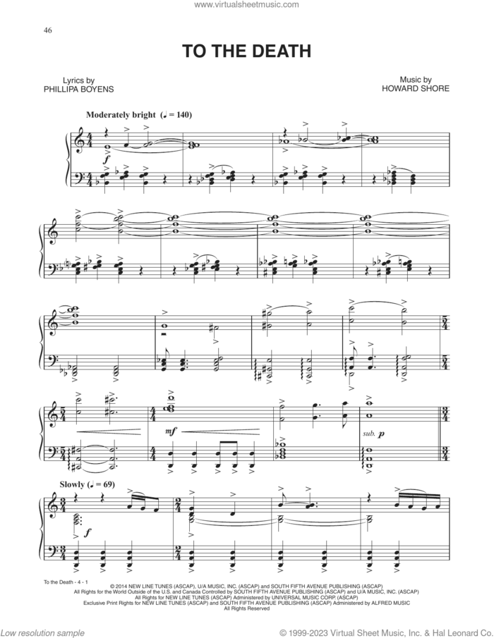 To The Death (from The Hobbit: The Battle of the Five Armies) sheet music for voice and piano by Howard Shore and Philippa Jane Boyens, intermediate skill level