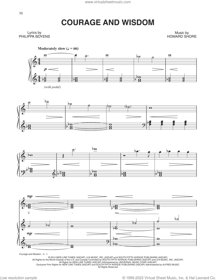 Courage And Wisdom (from The Hobbit: The Battle of the Five Armies) sheet music for voice and piano by Howard Shore and Philippa Jane Boyens, intermediate skill level