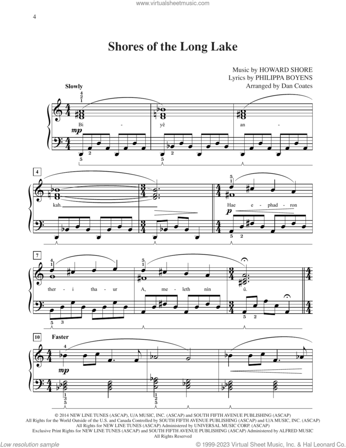 Shores Of The Long Lake (from The Hobbit: The Battle of the Five Armies) (arr. Dan Coates) sheet music for piano solo by Howard Shore, Dan Coates and Philippa Jane Boyens, easy skill level