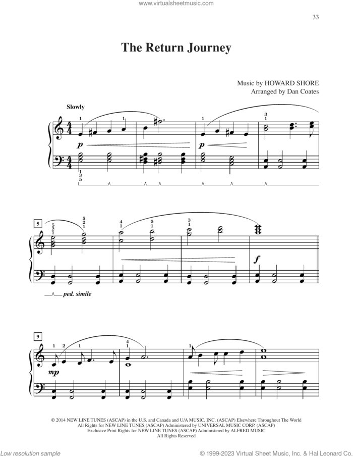 The Return Journey (from The Hobbit: The Battle of the Five Armies) (arr. Dan Coates) sheet music for piano solo by Howard Shore and Dan Coates, easy skill level