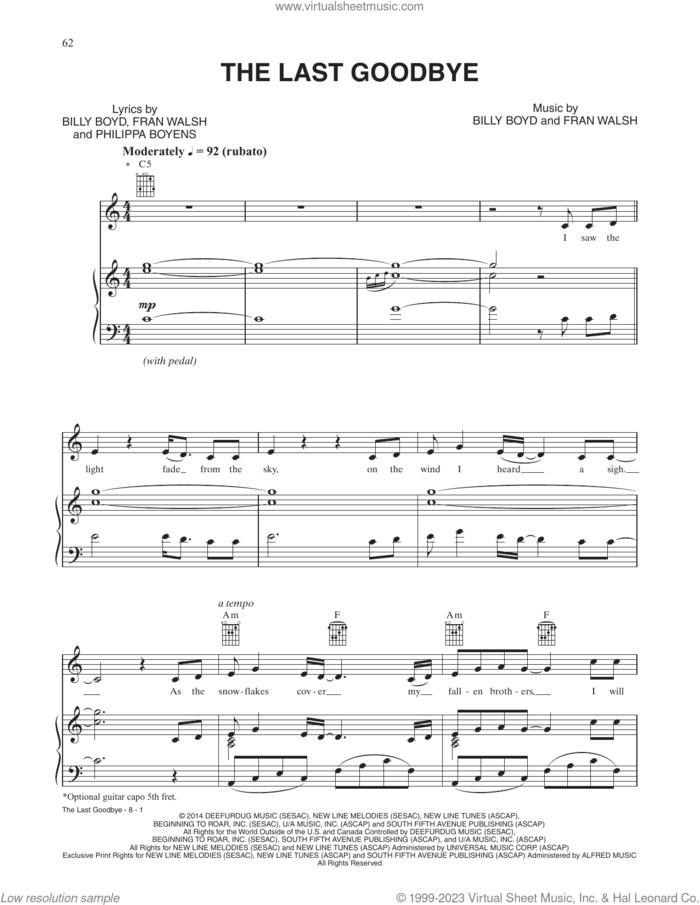The Last Goodbye (from The Hobbit: The Battle of the Five Armies) sheet music for voice and piano by Billy Boyd, Frances Walsh, Howard Shore, Philippa Jane Boyens and William Boyd, intermediate skill level