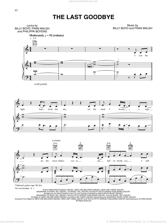 The Last Goodbye (from The Hobbit: The Battle of the Five Armies) sheet music for voice and piano by Billy Boyd, Frances Walsh, Howard Shore, Philippa Jane Boyens and William Boyd, intermediate skill level