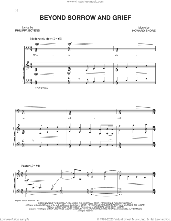 Beyond Sorrow And Grief (from The Hobbit: The Battle of the Five Armies) sheet music for voice and piano by Howard Shore and Philippa Jane Boyens, intermediate skill level