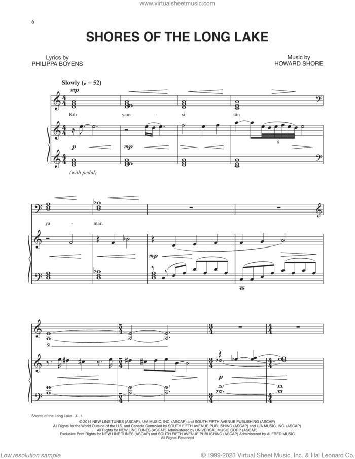Shores Of The Long Lake (from The Hobbit: The Battle of the Five Armies) sheet music for voice and piano by Howard Shore and Philippa Jane Boyens, intermediate skill level