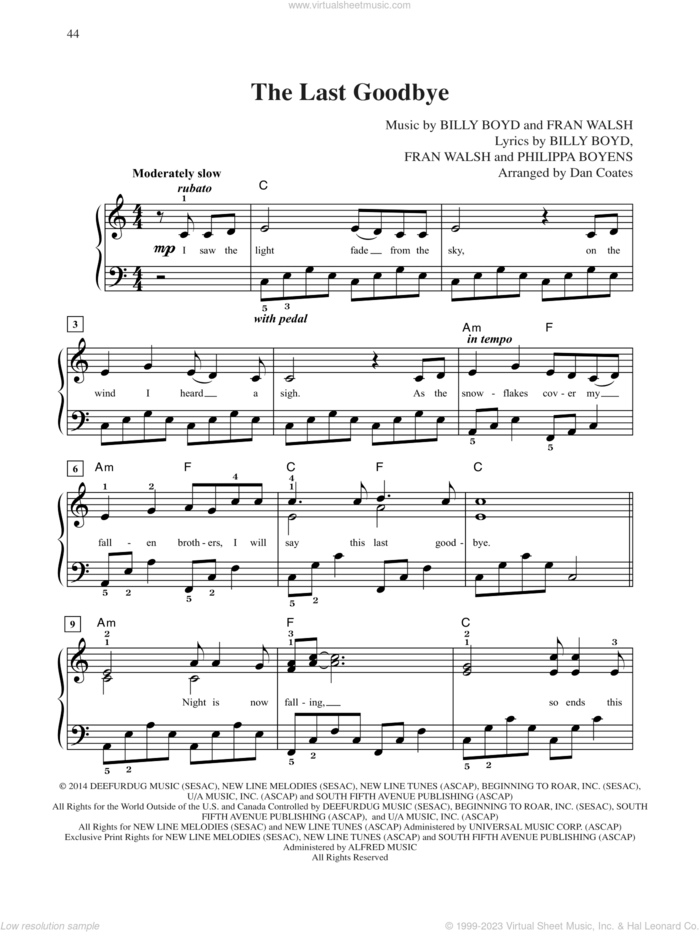 The Last Goodbye (from The Hobbit: The Battle of the Five Armies) (arr. Dan Coates) sheet music for piano solo by Billy Boyd, Dan Coates, Frances Walsh, Howard Shore, Philippa Jane Boyens and William Boyd, easy skill level