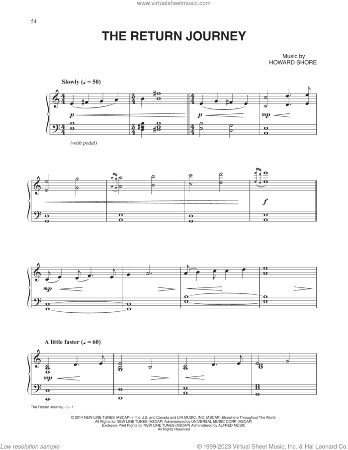 The Return Journey (from The Hobbit: The Battle of the Five Armies) sheet music for piano solo by Howard Shore, intermediate skill level