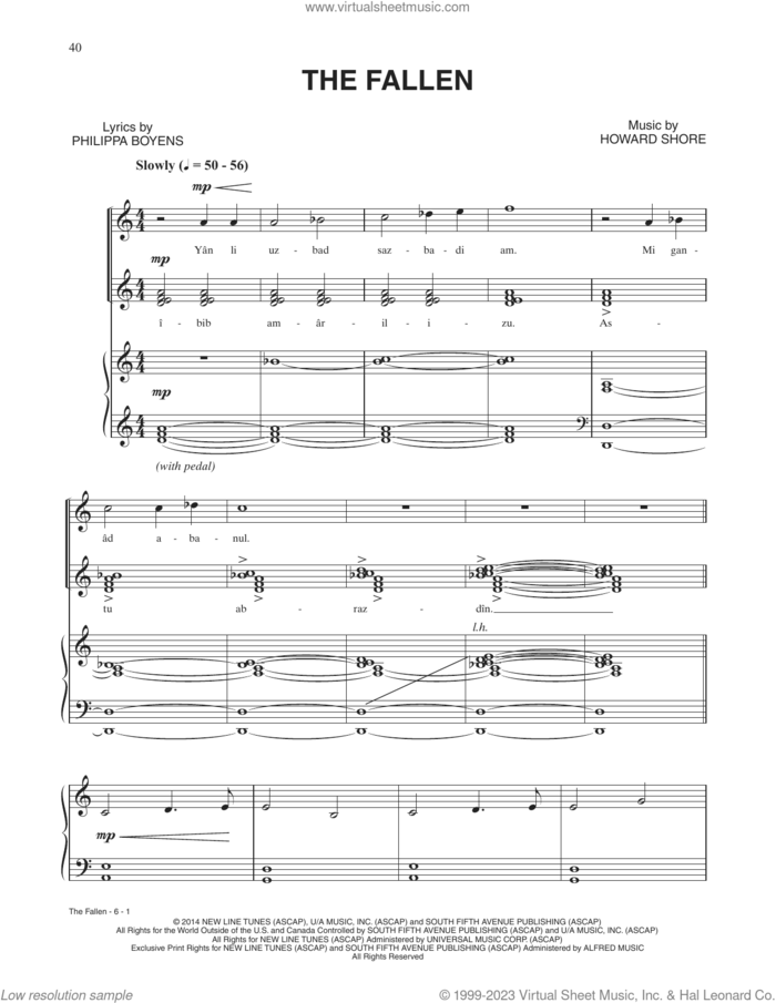 The Fallen (from The Hobbit: The Battle of the Five Armies) sheet music for voice and piano by Howard Shore and Philippa Jane Boyens, intermediate skill level