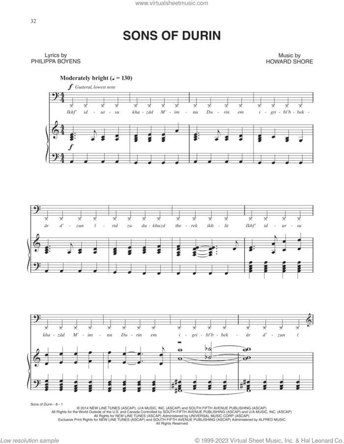 Sons Of Durin (from The Hobbit: The Battle of the Five Armies) sheet music for voice and piano by Howard Shore and Philippa Jane Boyens, intermediate skill level