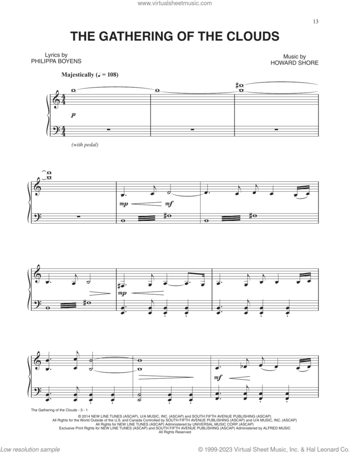The Gathering Of The Clouds (from The Hobbit: The Battle of the Five Armies) sheet music for piano solo by Howard Shore and Philippa Jane Boyens, intermediate skill level