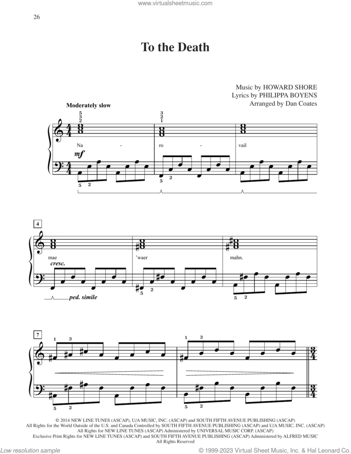To The Death (from The Hobbit: The Battle of the Five Armies) (arr. Dan Coates) sheet music for piano solo by Howard Shore, Dan Coates and Philippa Jane Boyens, easy skill level