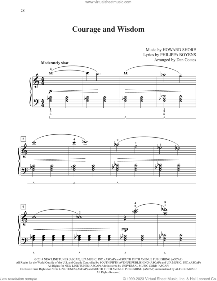 Courage And Wisdom (from The Hobbit: The Battle of the Five Armies) (arr. Dan Coates) sheet music for piano solo by Howard Shore, Dan Coates and Philippa Jane Boyens, easy skill level