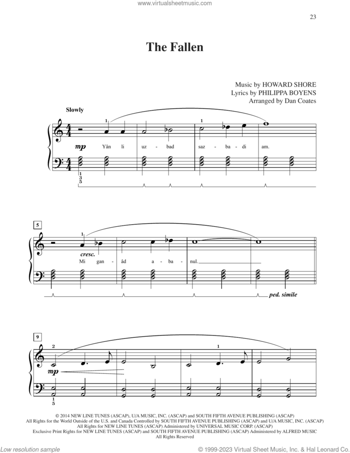 The Fallen (from The Hobbit: The Battle of the Five Armies) (arr. Dan Coates) sheet music for piano solo by Howard Shore, Dan Coates and Philippa Jane Boyens, easy skill level