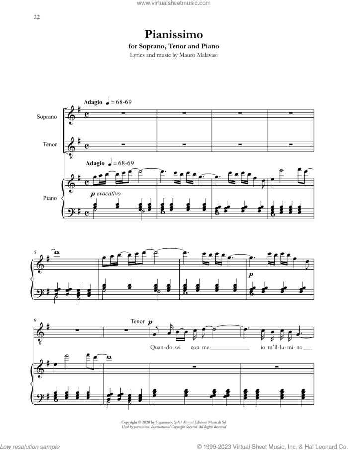 Pianissimo sheet music for two voices and piano by Andrea Bocelli and Mauro Malavasi, classical score, intermediate skill level