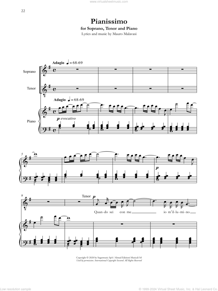 Pianissimo sheet music for two voices and piano by Andrea Bocelli and Mauro Malavasi, classical score, intermediate skill level