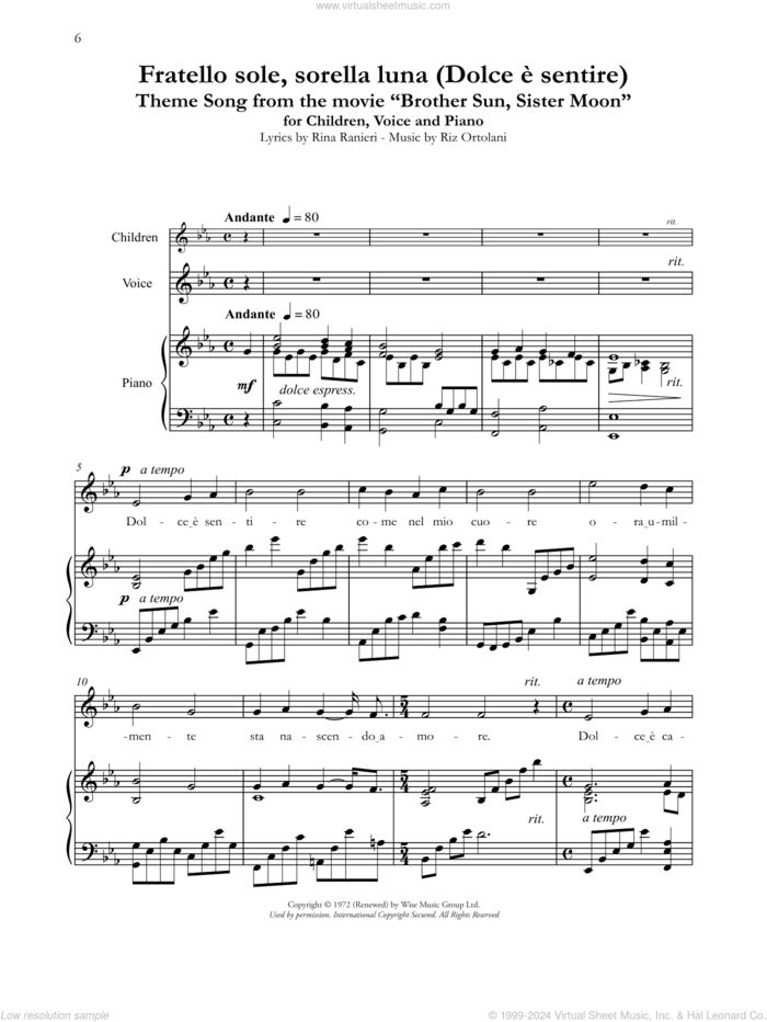 Fratello Sole, Sorella Luna (Dolce e sentire) (Theme from Brother Sun, Sister Moon) sheet music for voice and piano by Andrea Bocelli, Katyna Ranieri and Riz Ortolani, intermediate skill level