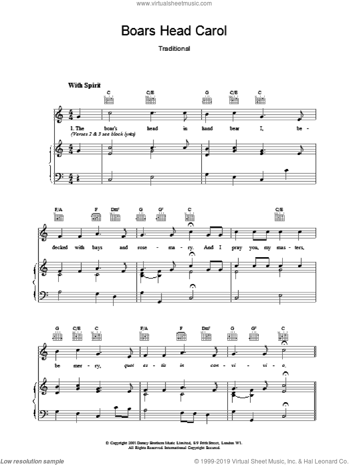 Boars Head Carol sheet music for voice, piano or guitar, intermediate skill level